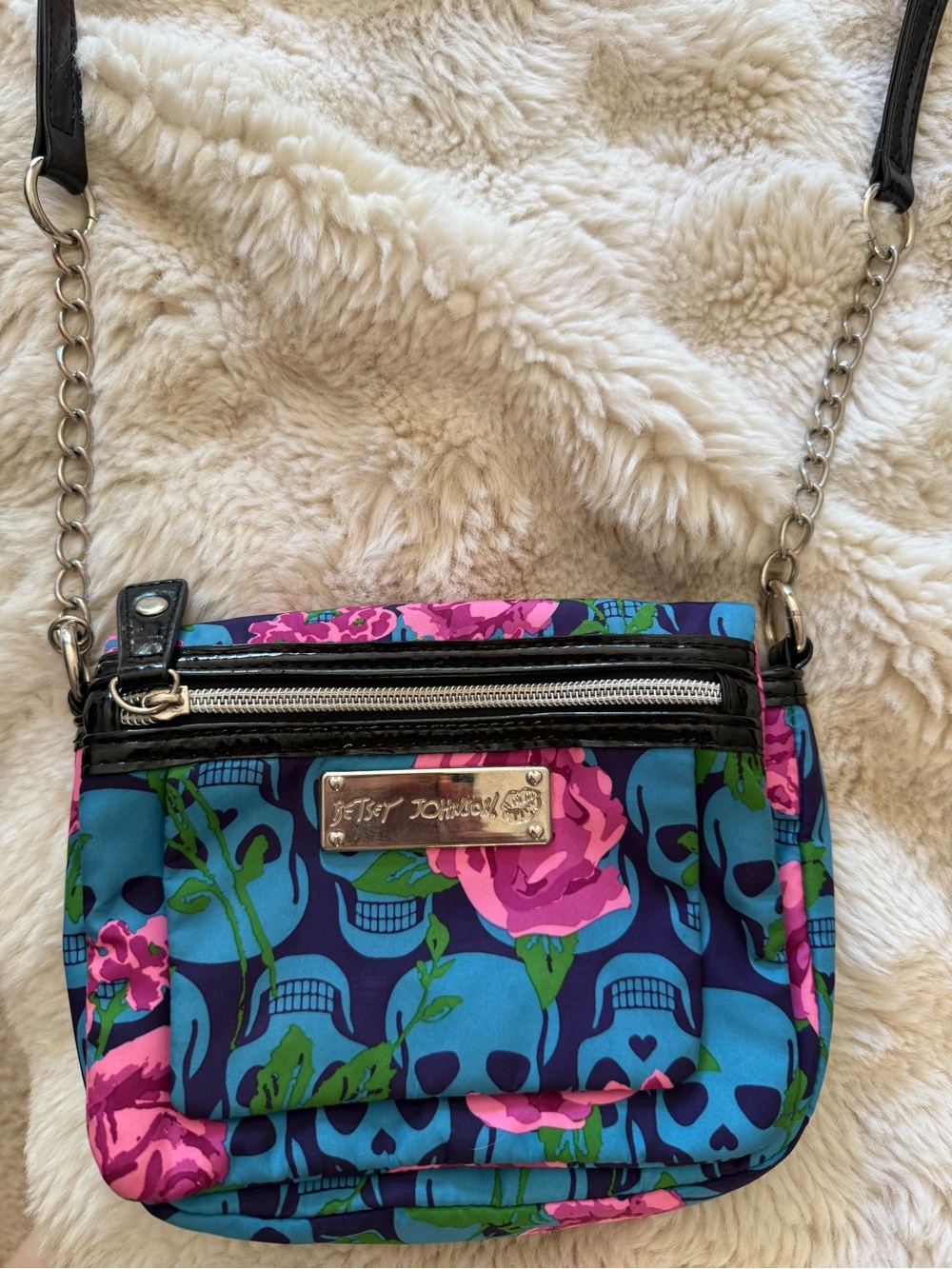 Betsey Johnson Blue, Pink & Green Floral Skull Crossbody Bag